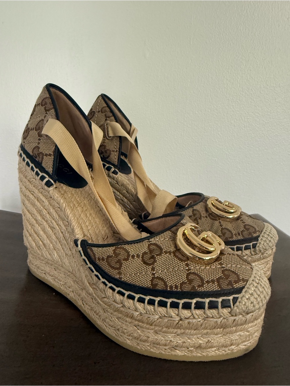 Gucci Beige Monogram Espadrille Wedge Sandals with Gold Logo - Picture 3 of 13